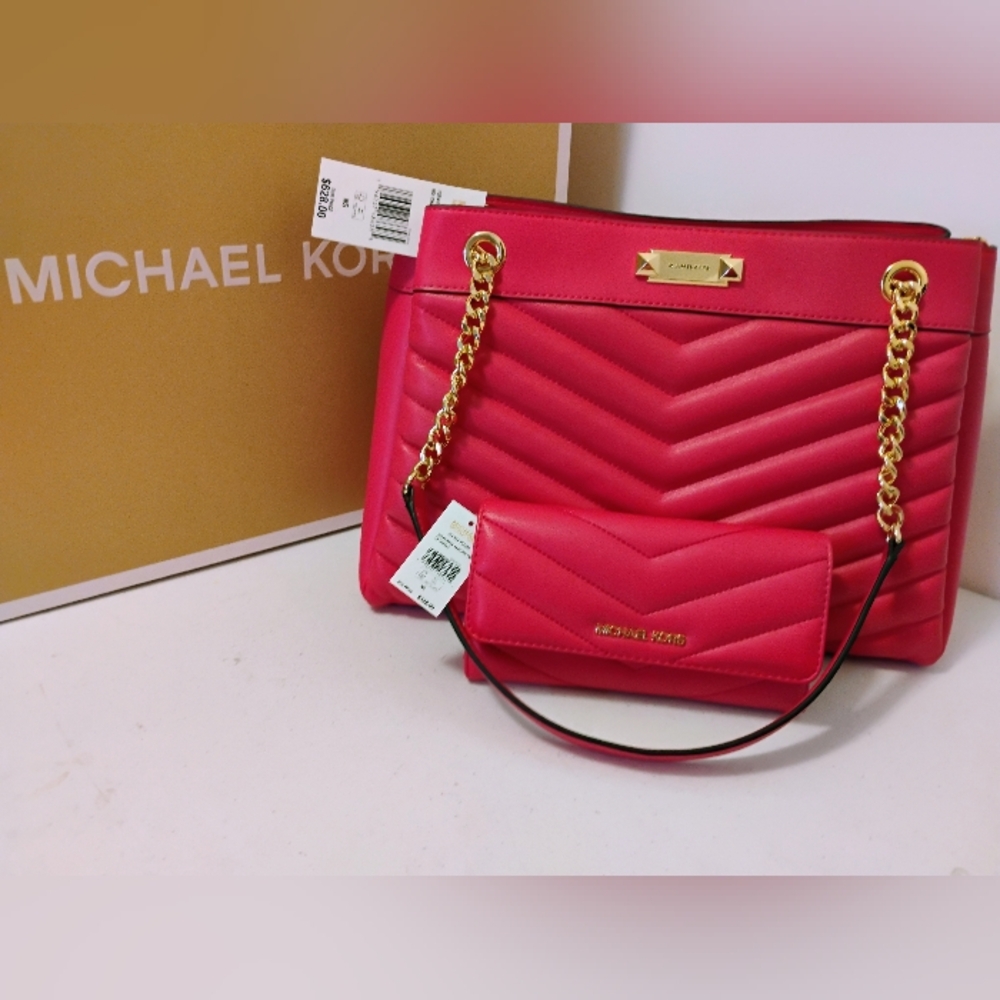 New Michael Kors Electric Pink Quilted Whitney Shoulder Tote and Wallet Set